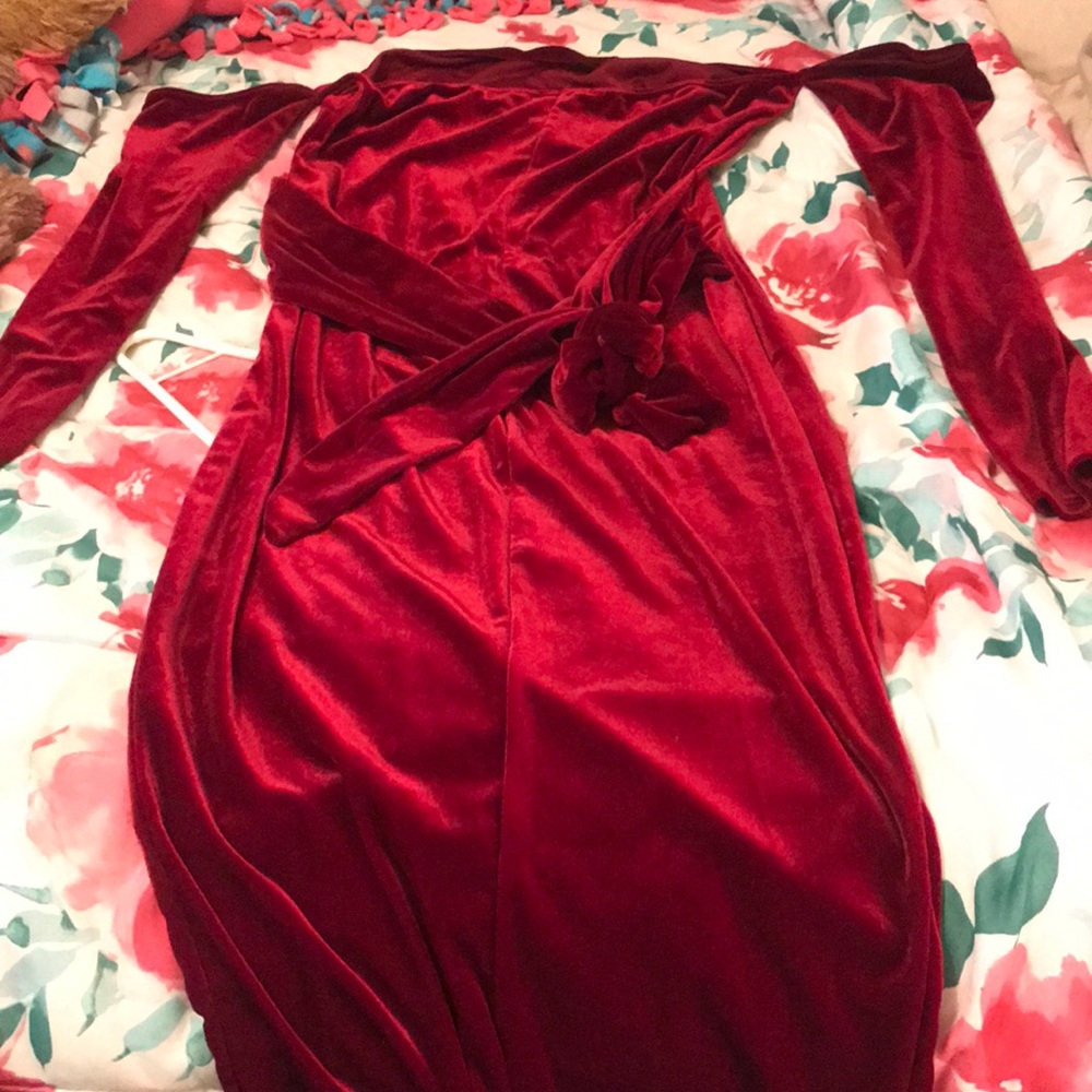 Maroon velvet off shoulder dress
